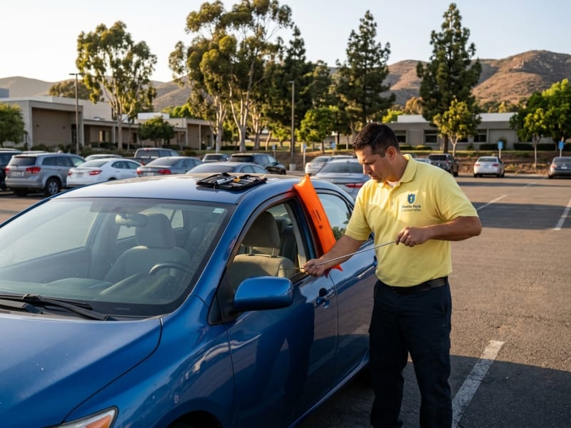 Castle Park Locksmiths tech opening a sedan door with an air wedge and reach tool near the Southwestern College lots on Otay Lakes Road