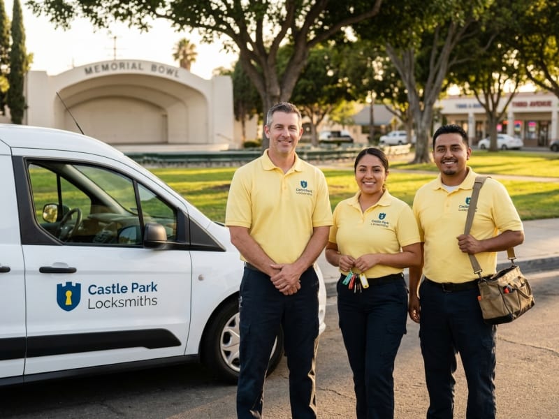 Castle Park Locksmiths owner and crew in lemon-yellow shirts, photographed in Chula Vista