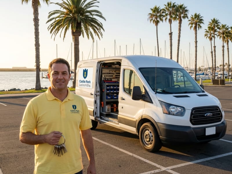 Castle Park Locksmiths owner beside the work van at golden hour on the Chula Vista Bayfront, bay behind
