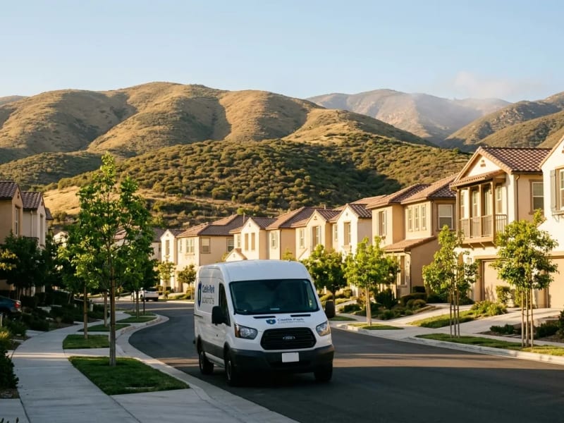 Castle Park Locksmiths van on a winding Rolling Hills Ranch street with the Otay Lakes hills behind