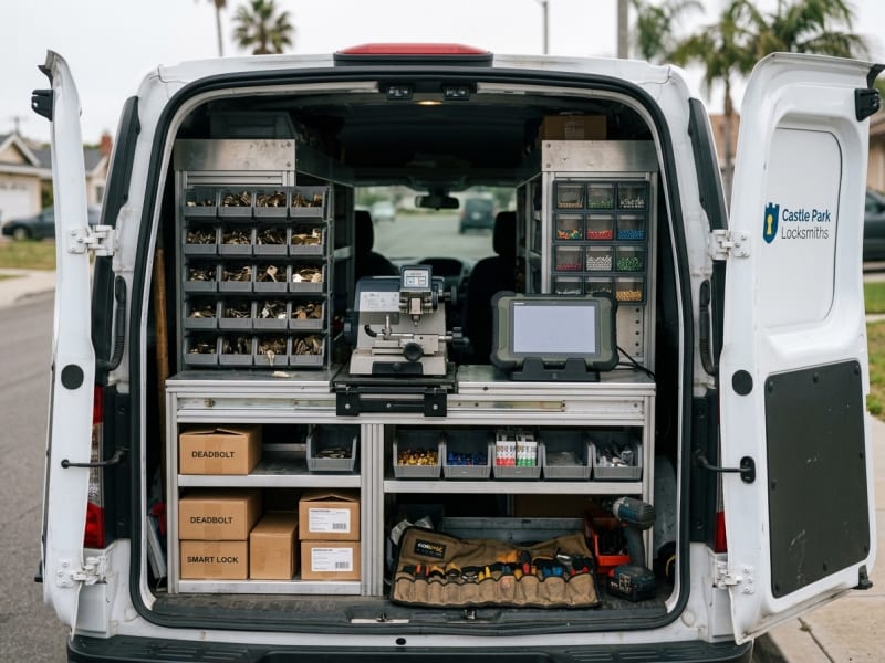 Open rear doors of the Castle Park Locksmiths van showing shelves of key blanks, the key machine, a programmer and lock hardware