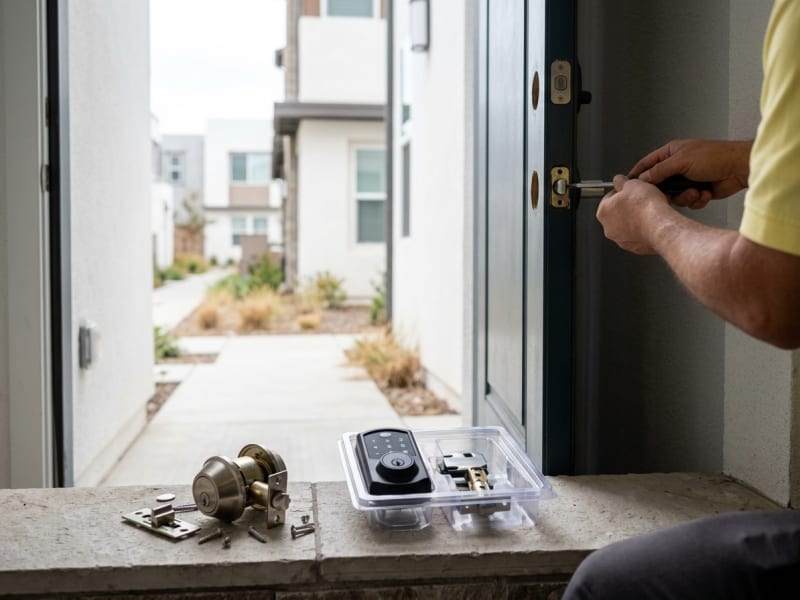 Original builder deadbolt removed and set beside a new keypad smart lock on an Otay Ranch townhome door