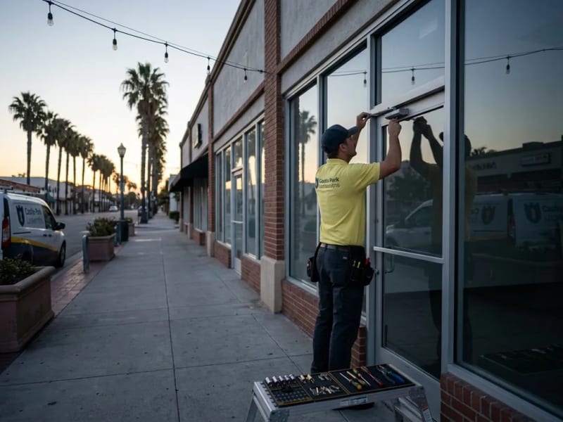 Locksmith adjusting the lock and door closer on a Third Avenue Village storefront door