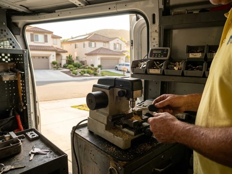 Key-cutting machine inside the Castle Park Locksmiths van cutting a transponder key blank
